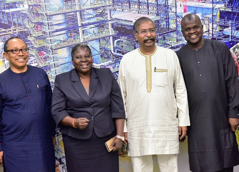 L-R Group Chief Branding and Communications Officer, Dangote Industries Limited, Anthony Chiejina; NLC Chairperson, Lagos Branch, Comrade Funmi Agnes Sessi; Vice President, Oil and Gas, Dangote Industries Limited, Devakumar