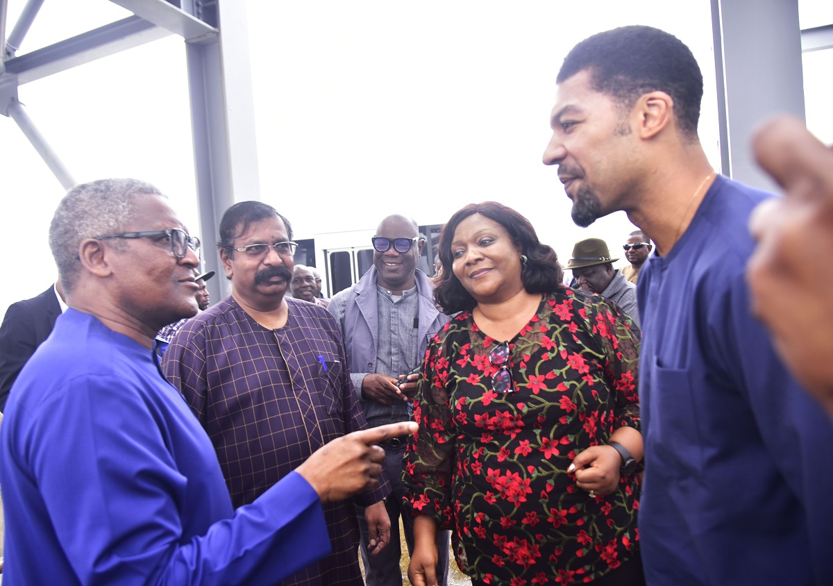 L-R: President/CE, Dangote Industries Limited, Aliko Dangote; Vice President, Oil & Gas, Dangote Industries Limited, Devakumar Edwin; Publisher, National Encomium Magazine, Kunle Bakare; Group Managing Director, Champion Newspaper, Dr. Nwadiuto Iheakanwa Iwuanyanwu; Chief Operating Officer, Guardian Newspaper, Toke Ibru, during the Media Executives visit/Parley at the Dangote Petroleum Refinery and Dangote Fertiliser Limited in Lagos on July 14, 2024.