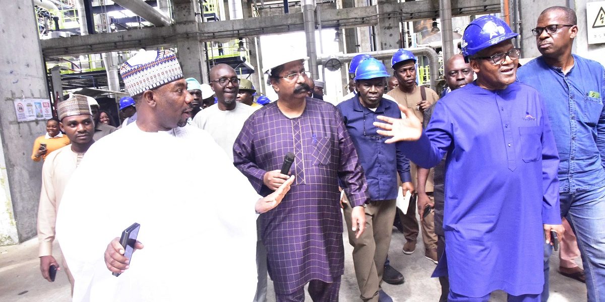 L-R: President/Founder, Berekete Family Radio/Tv, Ahmed Isah; President/CE, Dangote Industries Limited, Aliko Dangote; Vice President, Oil & Gas, Dangote Industries Limited, Devakumar Edwin; during the Media Executives visit/Parley at the Dangote Petroleum Refinery and Dangote Fertiliser Limited in Lagos on July 14, 2024.