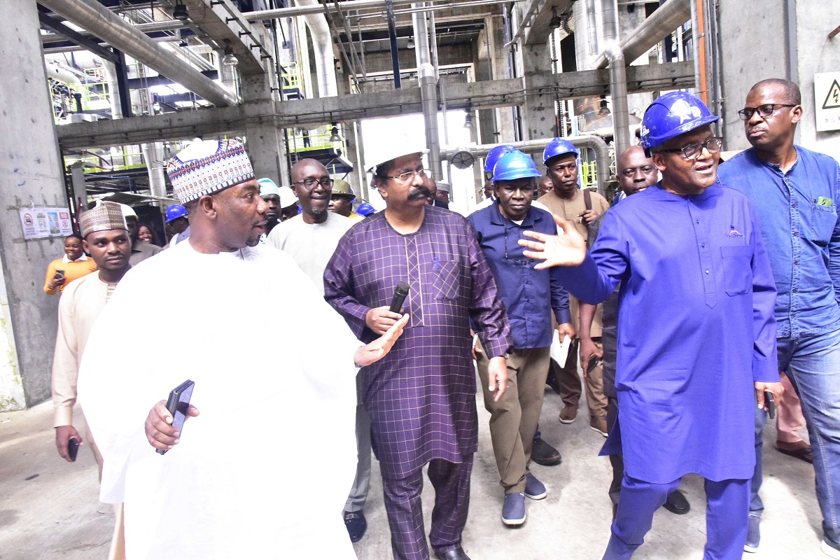 L-R: President/Founder, Berekete Family Radio/Tv, Ahmed Isah; President/CE, Dangote Industries Limited, Aliko Dangote; Vice President, Oil & Gas, Dangote Industries Limited, Devakumar Edwin; during the Media Executives visit/Parley at the Dangote Petroleum Refinery and Dangote Fertiliser Limited in Lagos on July 14, 2024.