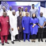Vice President, Oil & Gas, Dangote Industries Limited, Devakumar Edwin; President/CE, Dangote Industries Limited, Aliko Dangote; Group Executive Director, Commercial Operations, Dangote Industries Limited, Fatima Aliko-Dangote, with Media Executives during the Media Executives visit/Parley at the Dangote Petroleum Refinery and Dangote Fertiliser Limited in Lagos on July 14, 2024.