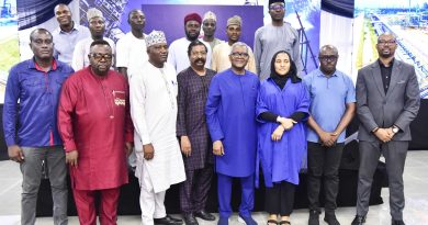 Vice President, Oil & Gas, Dangote Industries Limited, Devakumar Edwin; President/CE, Dangote Industries Limited, Aliko Dangote; Group Executive Director, Commercial Operations, Dangote Industries Limited, Fatima Aliko-Dangote, with Media Executives during the Media Executives visit/Parley at the Dangote Petroleum Refinery and Dangote Fertiliser Limited in Lagos on July 14, 2024.