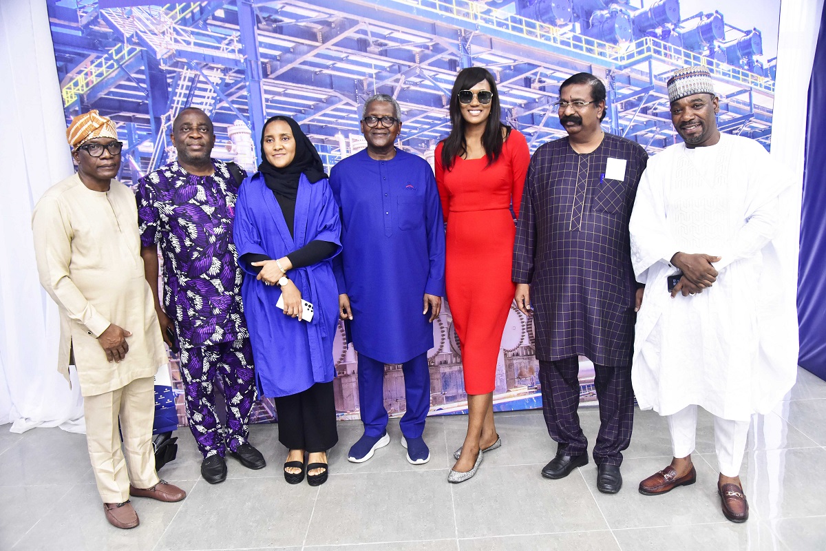 L-R: The Ombudsman ThisDay, Kayode Komolafe; Publisher, City People Magazine; Seye Kehinde; Group Executive Director, Commercial Operations, Dangote Industries Limited, Fatima Aliko-Dangote;  President/CE, Dangote Industries Limited, Aliko Dangote; Arise News Tv Correspondent, Ojy Okpe; Vice President, Oil & Gas, Dangote Industries Limited, Devakumar Edwin; President/Founder, Berekete Family Radio/Tv, Ahmed Isah, during the Media Executives visit/Parley at the Dangote Petroleum Refinery and Dangote Fertiliser Limited in Lagos on July 14, 2024.